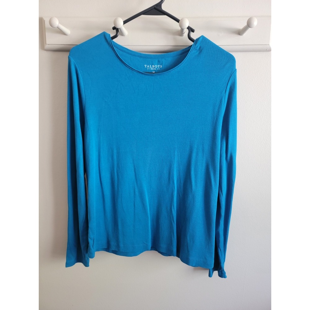Talbots Large Petite Turquoise Women's Crew Neck Classic Preppy Top L/S Cotton